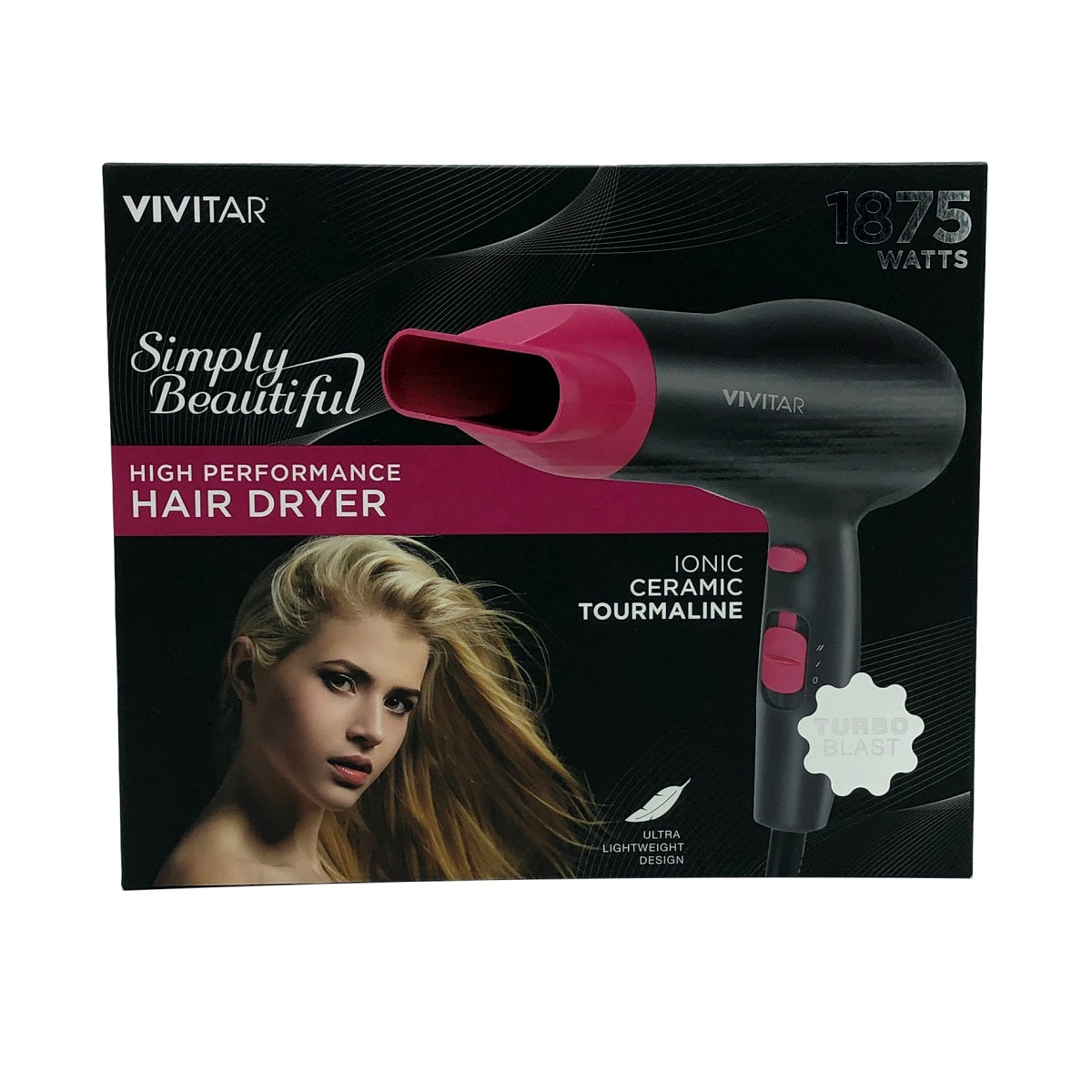 Product box for a Vivitar hair dryer with a model, text, and the hair dryer itself in the image.